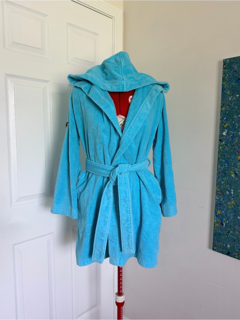 Vintage Lacoste Terry Cloth Hooded Bath Robe Turquoise Cotton XS S